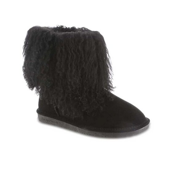 BEARPAW BOO Women's Ankle Furry Boots US 6 Black Suede Curly Lamb Sheepskin - Picture 15 of 16
